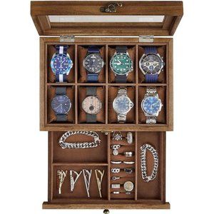 Watch Box & Jewelery Case with Large Glass Lid, Removable Pillows, Gift Idea